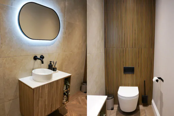 Modern Cloakroom Design with Wall-Hung Vanity & Feature Slatted Wall