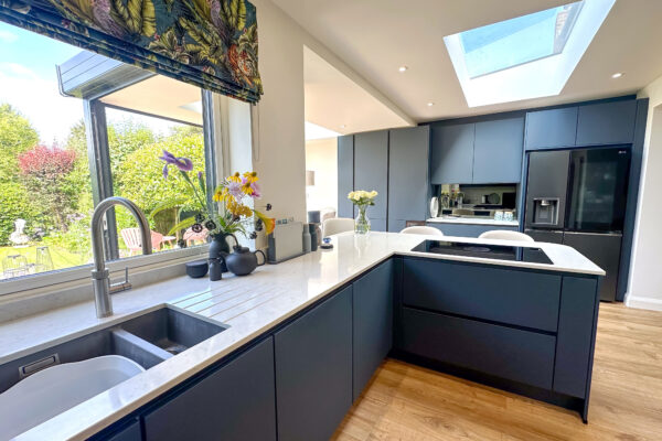 Contemporary Blue and White U-Shaped Kitchen