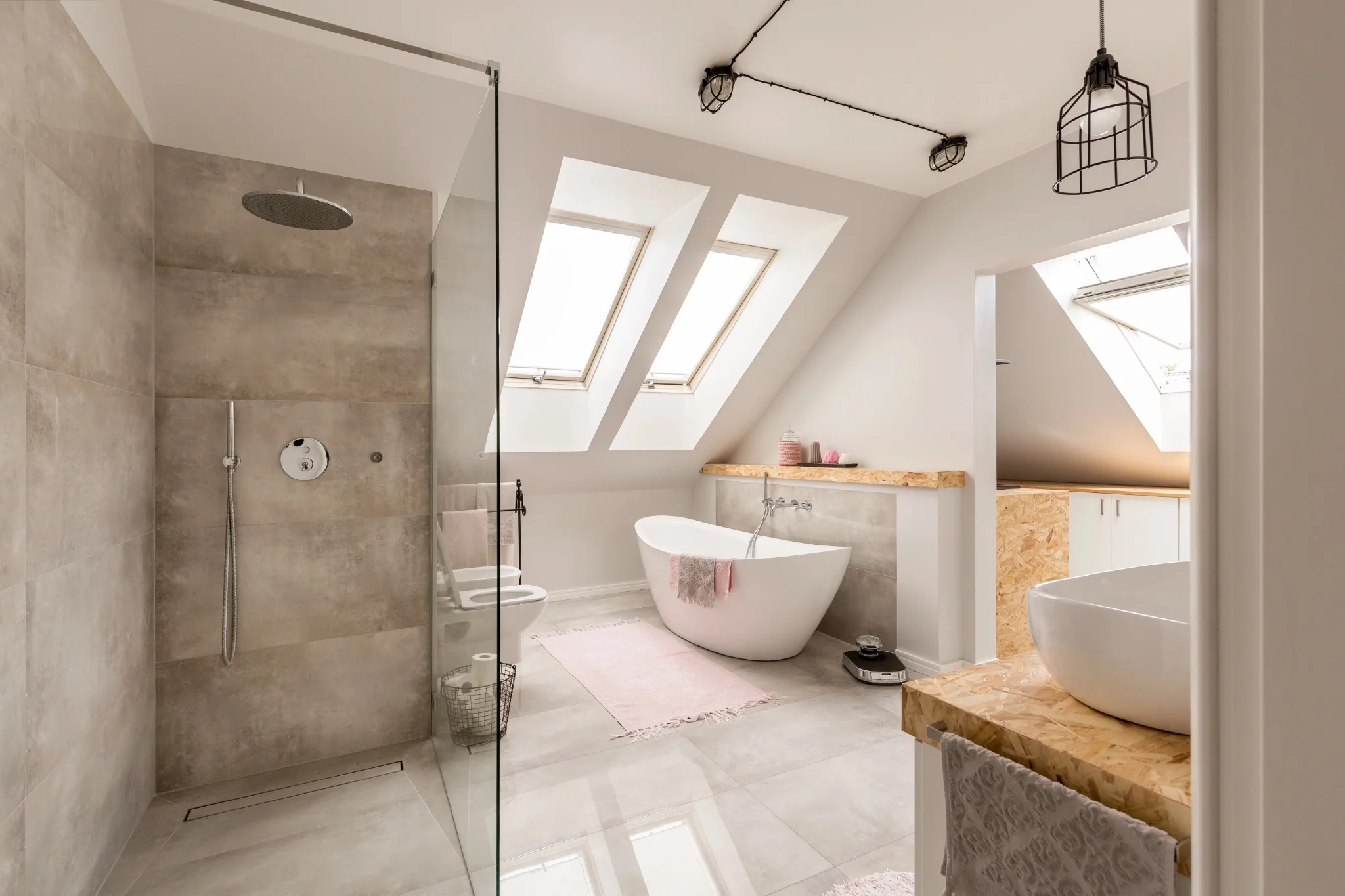 A spacious modern bathroom featuring a shower area with glass panels, a luxurious freestanding bathtub, and elegant grey tile flooring.