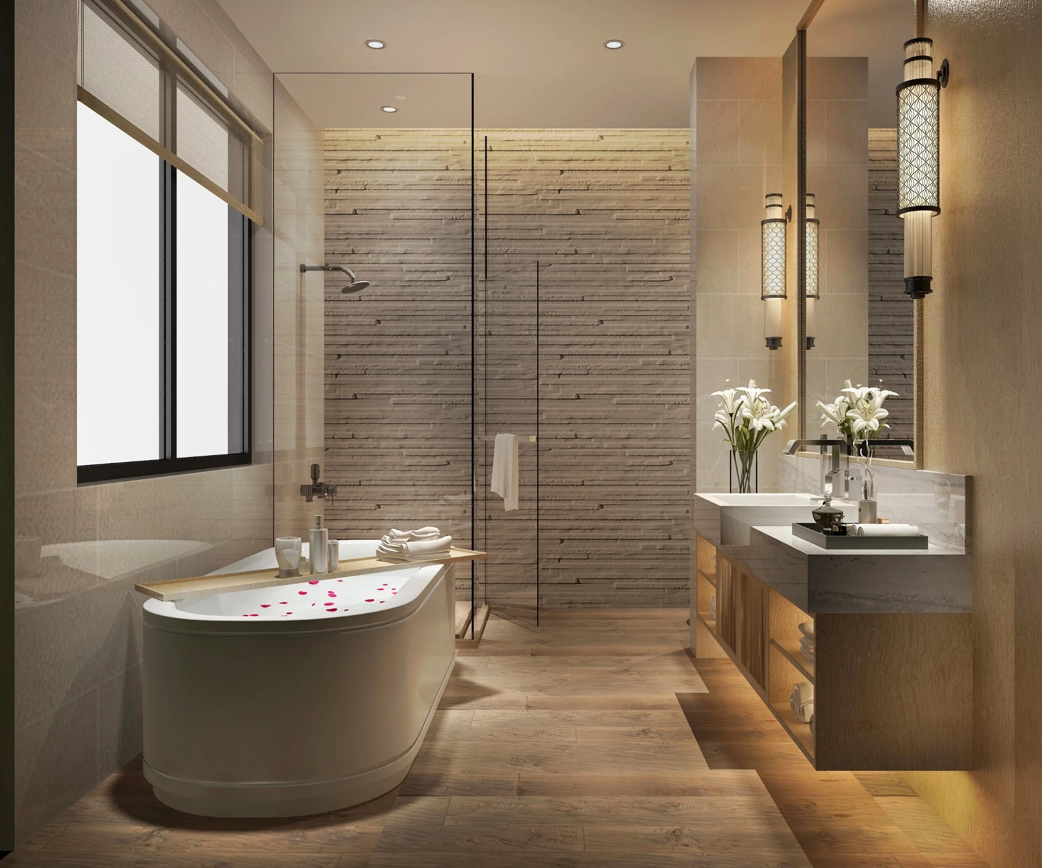 A luxurious bathroom showcasing marble-effect tiles in neutral tones, a freestanding bathtub, and modern fixtures.