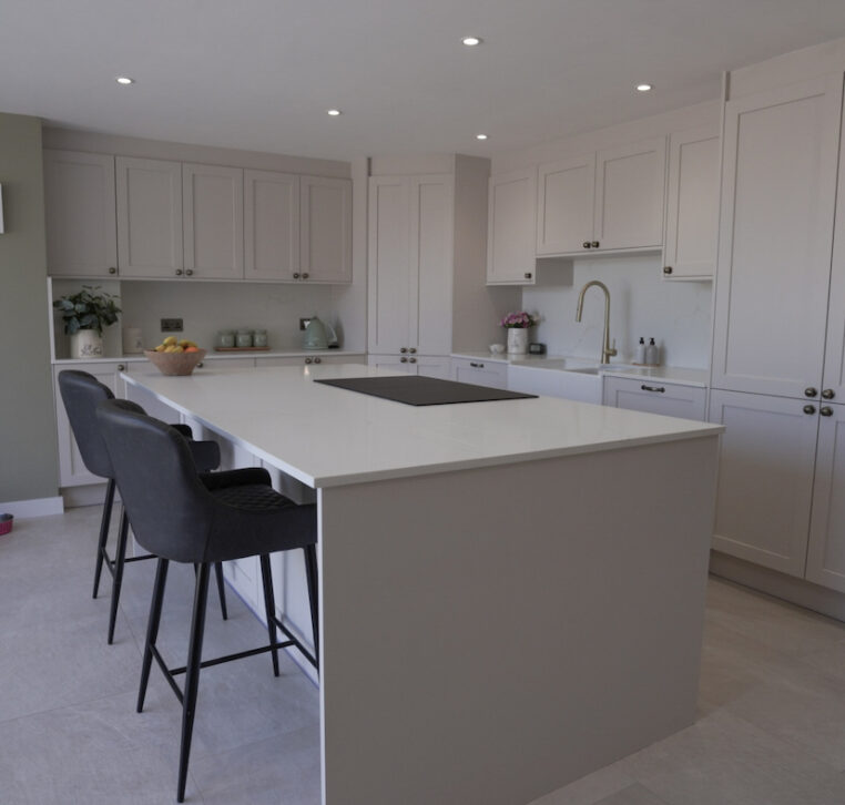 Luxury shaker kitchen with spacious island, quartz worktop and classic in-frame cabinetry installed by MAS Collection.